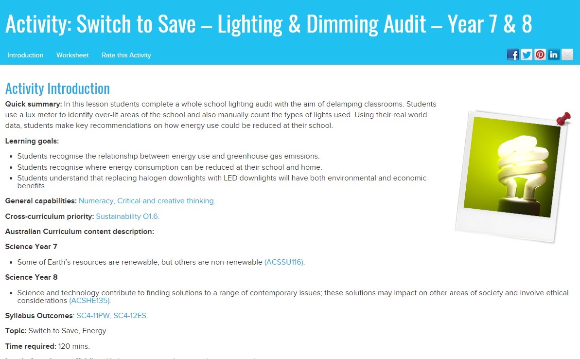 Activity: Switch to Save – Lighting & Dimming Audit – Year 7 & 8